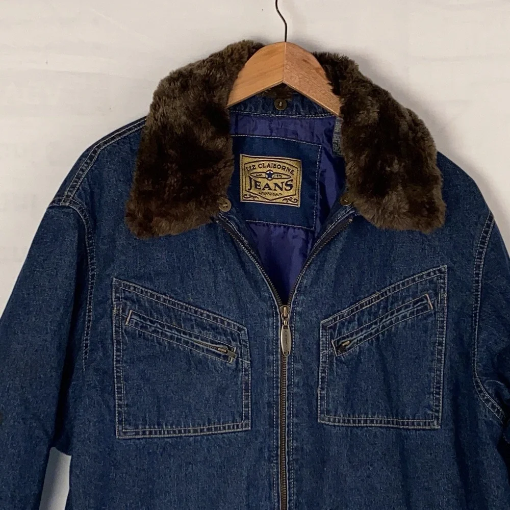 Liz Claiborne Jeans Jacket Girls L Blue Denim Cotton Faux‎ Fur Collar Zip Up